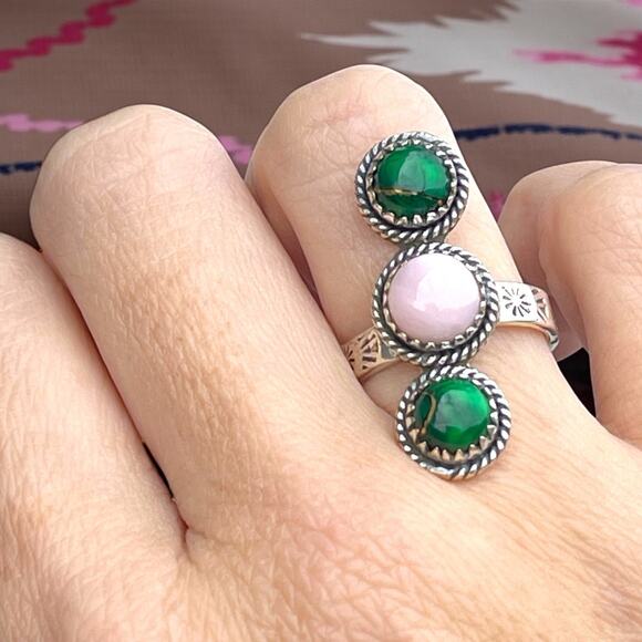 Sterling Silver Pink Opal Green Dahlia Ring Southwest Navajo Style Adjustable - Picture 2 of 5